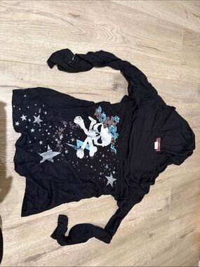 Urban Behavior Black Hoodie with Skull, Stars & Blue Floral Accents